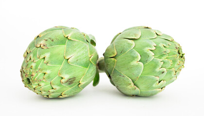 two ripe artichokes on white background