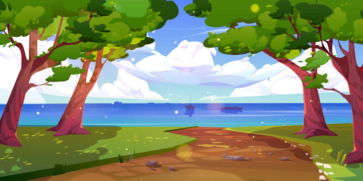 Path to river through green summer forest cartoon background. Blue sky with clouds and ocean view for journey in game illustration. Vector landscape of nature environment with road way to river.
