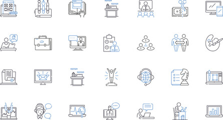 Team building line icons collection. Collaboration, Trust, Communication, Synergy, Leadership, Engagement, Motivation vector and linear illustration. Cooperation,Support,Empowerment outline signs set