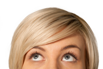 Cropped image of a young woman looking up isolated on white background