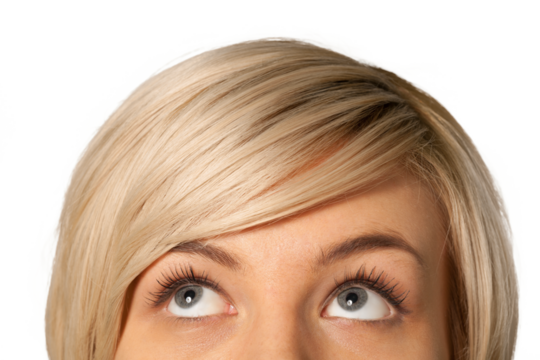 Cropped image of a young woman looking up isolated on white background