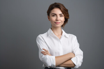 Confident businesswoman with crossed arms, smiling, against gray background.