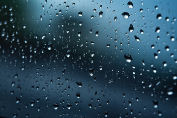 Naklejka na ściany i meble rain drops on a window with a blue background. Generative Ai