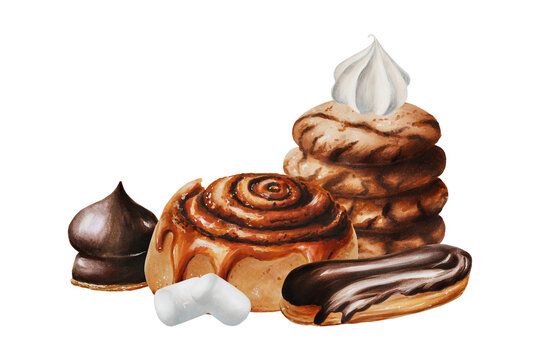 Watercolor composition with cinnamon bun, peanut biscuits, marshmallows in chocolate, meringue, eclair. Hand painting sweet on a white isolated background. For designers, menu, shop, bar, bistro