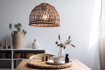 decor room style table beige furniture kitchen dining lamp rattan. Generative AI.