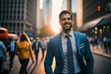 Naklejka premium The backdrop is a picture of a business street. surrounded by modern buildings, in the evening which is a blur and bokeh