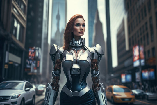 An image of a robotic woman in a business suit in portrait shot with a modern building in the background