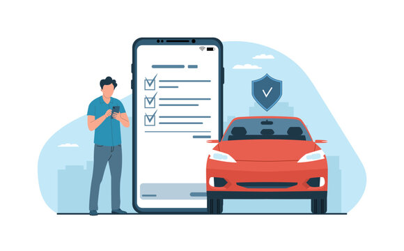 Car insurance concept. A man draws up an insurance policy for a car online on a smartphone. Vector illustration.