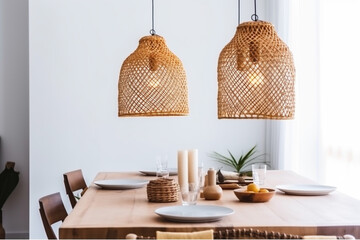 table lamp decor style kitchen furniture rattan room dining beige. Generative AI. - obrazy, fototapety, plakaty