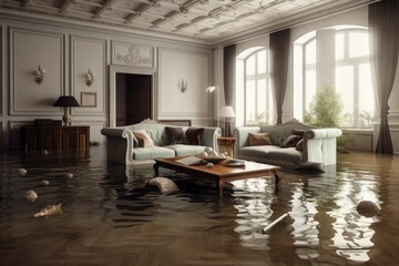 Water damage livingroom. Generate Ai