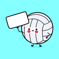 Cute funny volleyball with poster. Vector hand drawn cartoon kawaii character illustration icon. Isolated on yellow background. Volleyball ball think concept