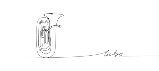 Tuba one line art. Continuous line drawing of bass, equipment, classic, melody, euphonium, vintage, tuba, trumpet, music, trombone, jazz, orchestra with an inscription, lettering, handwritten. © sahs94