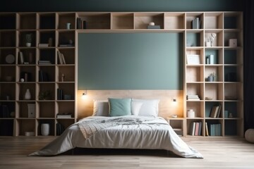 Book shelfs background in bed room, interior. Generative AI