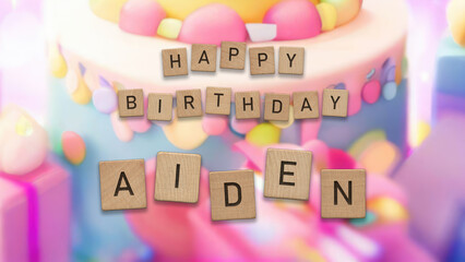 Happy Birthday Aiden card with wooden tiles text. Boys birthday card with colorful background.