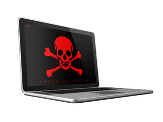 Laptop with a pirate symbol on screen. Hacker concept