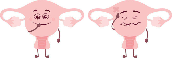 Uterus with appendages ovaries sick and healthy sad and funny vector illustration