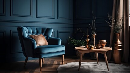 Modern living room, interior design with blue tones, Generative AI