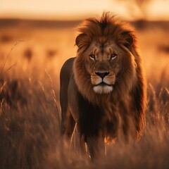 Obraz na płótnie Canvas Roaming King: A Majestic Lion in the Savanna at Sunset