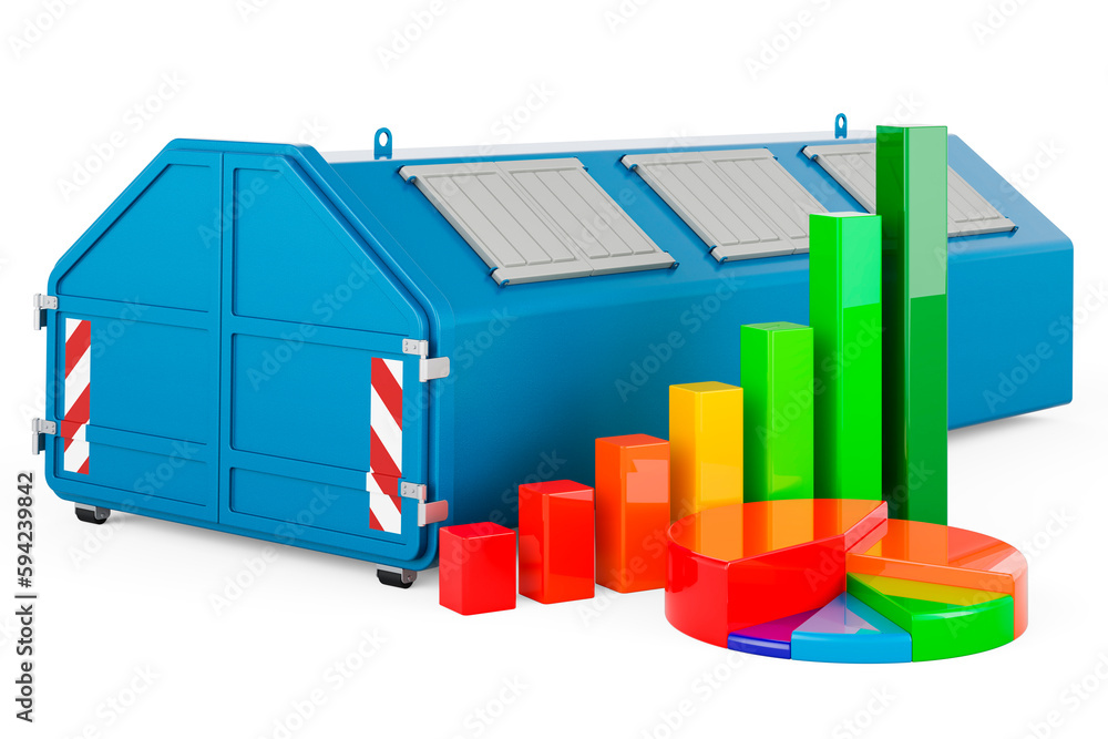 Poster industrial waste skip with growth bar graph and pie chart. 3d rendering