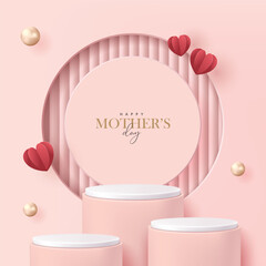 Mother's day poster for product demonstration. Pink pedestal or podium with pearls and flying hearts on pink background.