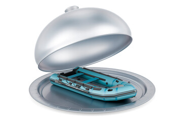 Restaurant cloche with inflatable boat, 3D rendering