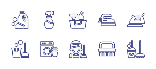 Housekeeping line icon set. Editable stroke. Vector illustration. Containing detergent, spray, cleaning products, iron, cleaning service, laundry, housekeeping, brush, clean.