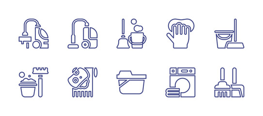 Housekeeping line icon set. Editable stroke. Vector illustration. Containing vacuum, vacuum cleaner, mop, gloves, cleaning, bucket, carpet, washing machine, dust pan.