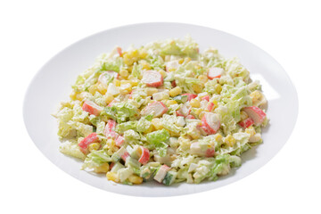 plate of salad with crab sticks, corn and vegetables isolated on transparent background