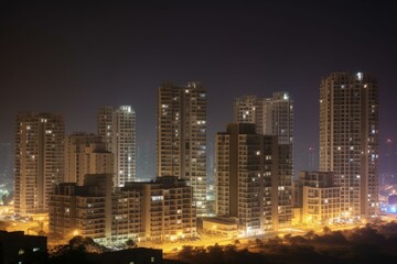 Fototapeta na wymiar High rise multi story skyscrapers lit up at night with small houses in the foreground at night in gurgaon delhi. Generative AI