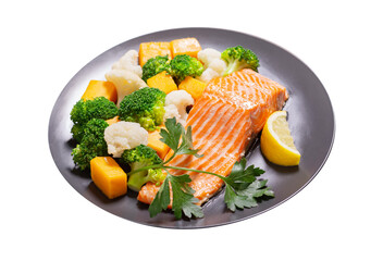plate of grilled salmon fillet with vegetables isolated on transparent background