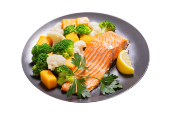 plate of grilled salmon fillet with vegetables isolated on transparent background