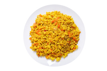plate of pilaf with meat and vegetables isolated on transparent background, top view