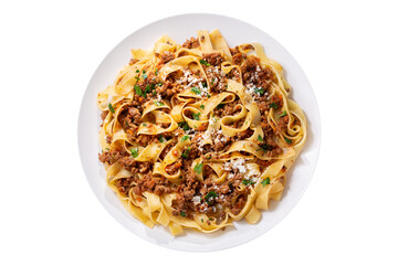 plate of pasta bolognese isolated on transparent background, top view - Powered by Adobe