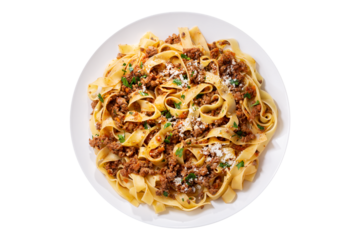 plate of pasta bolognese isolated on transparent background, top view