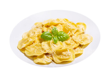 plate of ravioli with parmesan and green basil isolated on transparent background