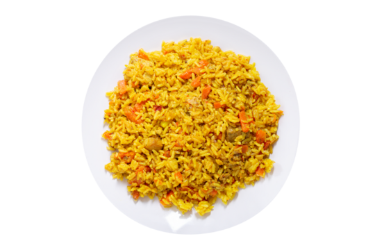 plate of pilaf with meat and vegetables isolated on transparent background, top view