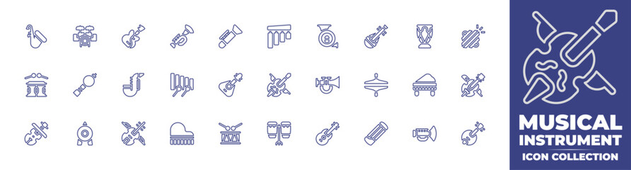 Musical instrument line icon collection. Editable stroke. Vector illustration. Containing saxophone, drum set, electric guitar, trumpet, jazz, chimes, french horn, biwa, drum, cymbals, and more.