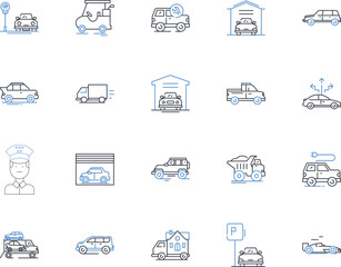 Camper line icons collection. Adventure, Freedom, Travel, Road trip, Camping, Exploration, Nature vector and linear illustration. Wilderness,Compact,Comfort outline signs set