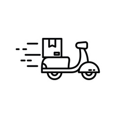 Black linear riding scooter with post box delivery package. Fast delivery concept icon design.