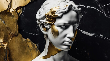 Greek statue depicting a portrait of a woman covered in gold and marble. Generative ai
