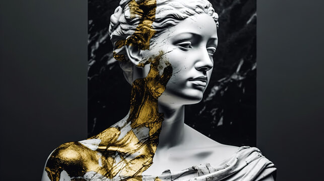 Greek statue depicting a portrait of a woman covered in gold and marble. Generative ai