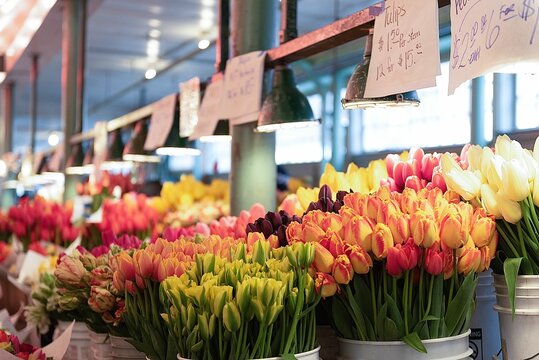 Tulips at the tulip stand of Pike Place Market, Seattle, Washington