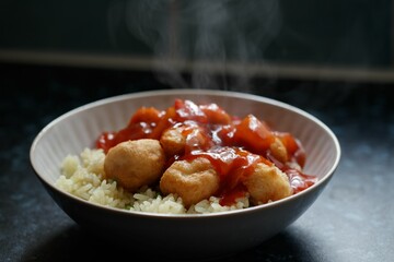 White plate with a bowl of steamed white rice with variety of fried vegetables and sauce
