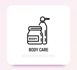 Body care thin line icon. Cosmetic treatments in glass jar and bottle with dispenser. Modern vector illustration for beauty shop.