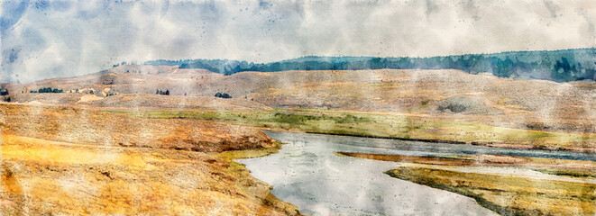 Digitally created watercolor painting of American bison grazing in a meadow near the Lamar River in Yellowstone