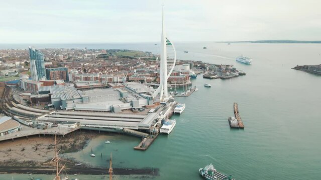 Portsmouth, Hampshire, UK, November 05, 2021. Portsmouth City aerial footage with Spice Island next to the entrance to the harbour and the Spinnaker Tower in view.