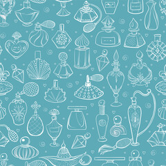 Seamless pattern with doodle perfumes on sea wave color background. Can be used for wallpaper, pattern fills, textile, web page background, surface textures.