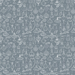 Seamless background with doodle perfumes on grey. Can be used for wallpaper, pattern fills, textile, web page background, surface textures.