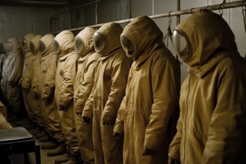 Rows of deserted radiation suits, like a ghostly army, stand at in a storage facility. Reminder of the dangers of radiation and a warning that these suits may yet be needed again. Generative AI