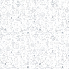Seamless pattern with grey doodle perfumes on white background. Can be used for wallpaper, pattern fills, textile, web page background, surface textures.